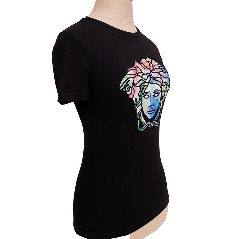 38 NEW $725 VERSACE Black LOGO RAINBOW MEDUSA CRYSTAL Fitted T-SHIRT TOP TEE