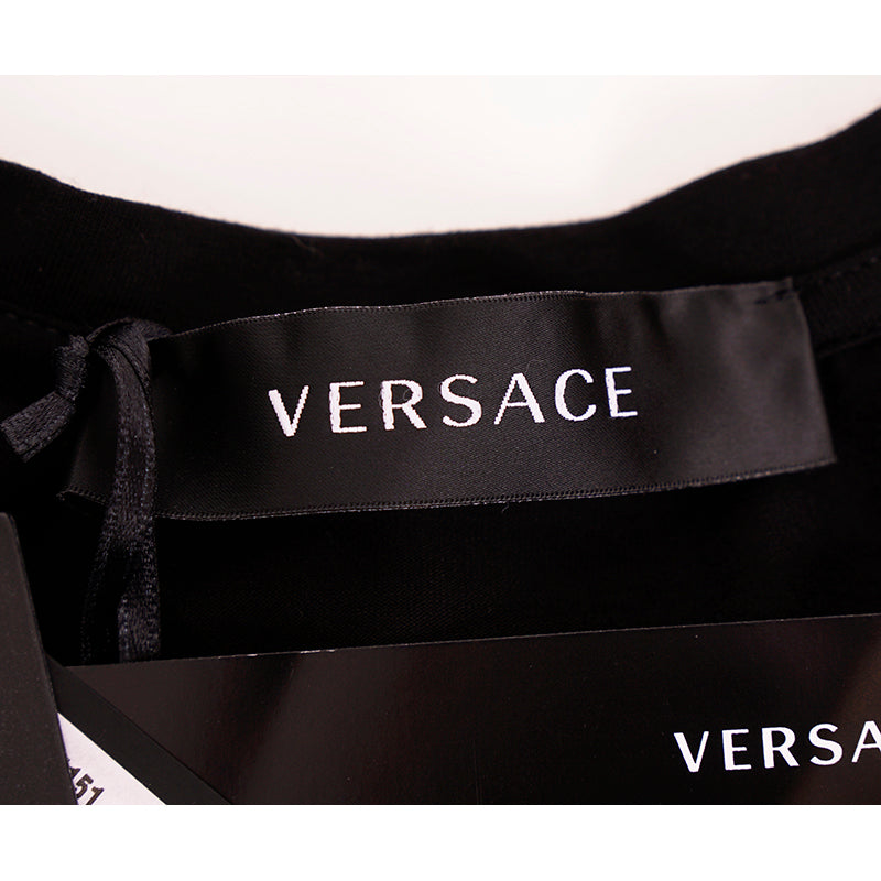 38 NEW $725 VERSACE Black LOGO RAINBOW MEDUSA CRYSTAL Fitted T-SHIRT TOP TEE