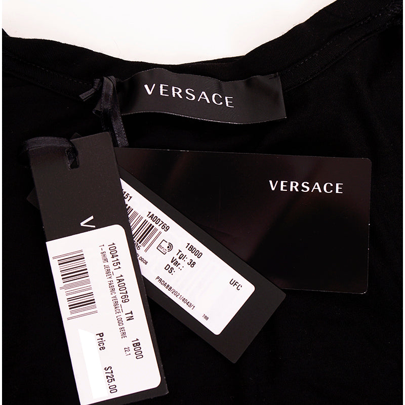 38 NEW $725 VERSACE Black LOGO RAINBOW MEDUSA CRYSTAL Fitted T-SHIRT TOP TEE