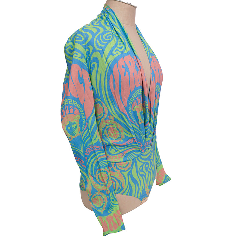 38 NEW $1125 VERSACE Blue Medusa Logo Music Long Sleeve BODYSUIT BLOUSE TOP