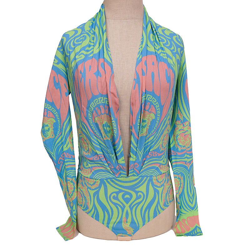 38 NEW $1125 VERSACE Blue Medusa Logo Music Long Sleeve BODYSUIT BLOUSE TOP