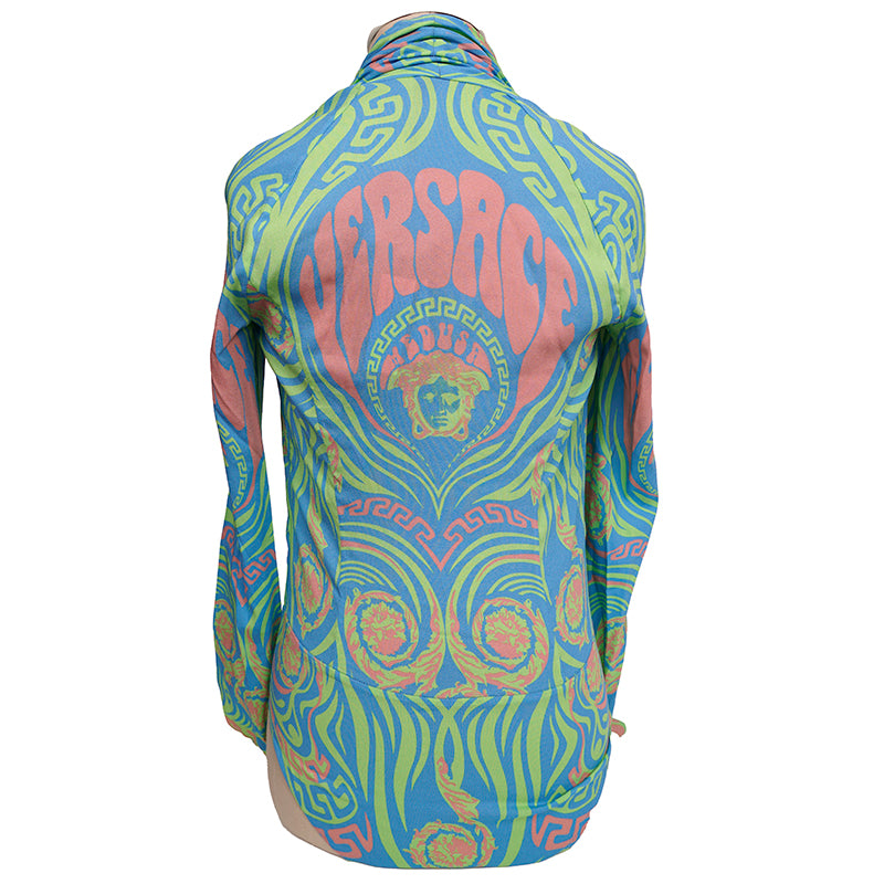 38 NEW $1125 VERSACE Blue Medusa Logo Music Long Sleeve BODYSUIT BLOUSE TOP