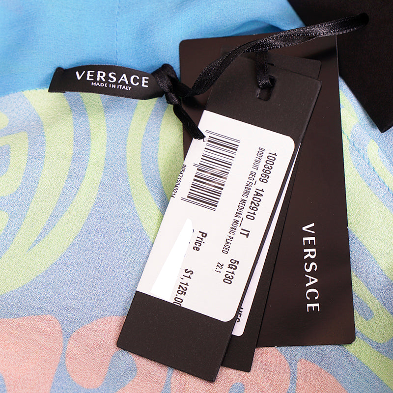 38 NEW $1125 VERSACE Blue Medusa Logo Music Long Sleeve BODYSUIT BLOUSE TOP