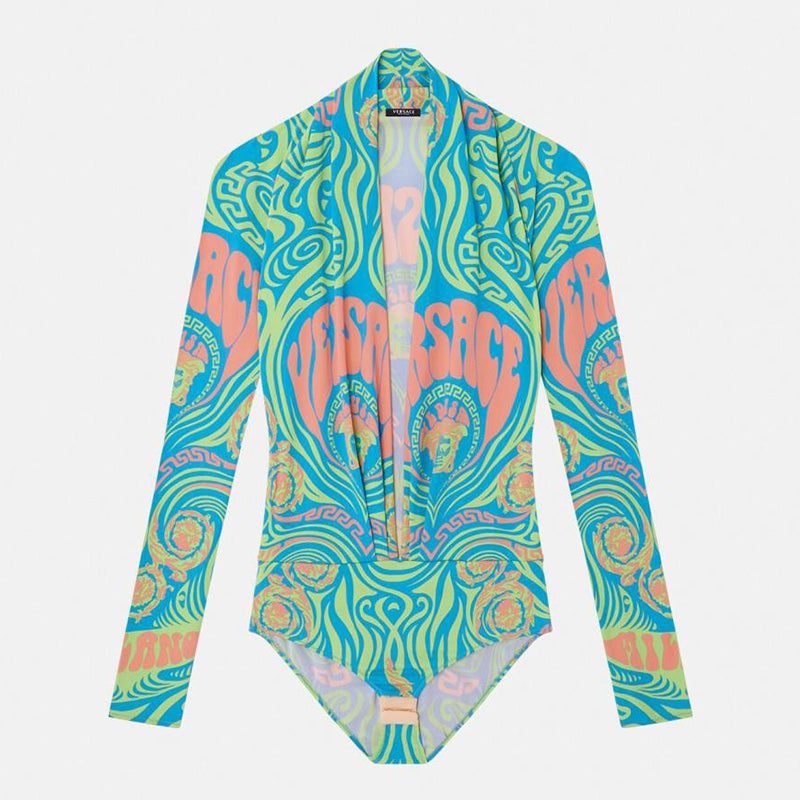 38 NEW $1125 VERSACE Blue Medusa Logo Music Long Sleeve BODYSUIT BLOUSE TOP