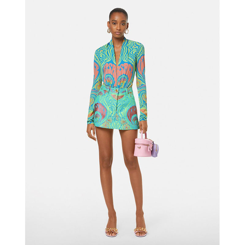 38 NEW $1125 VERSACE Blue Medusa Logo Music Long Sleeve BODYSUIT BLOUSE TOP