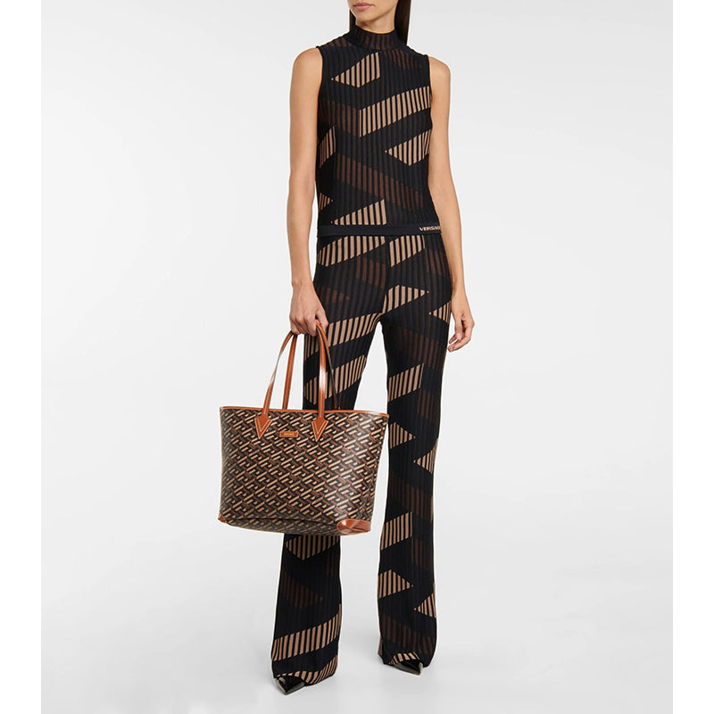 NEW $995 VERSACE Caramel LA GRECA Signature MEDIUM Open Top TOTE BAG w/ POUCH