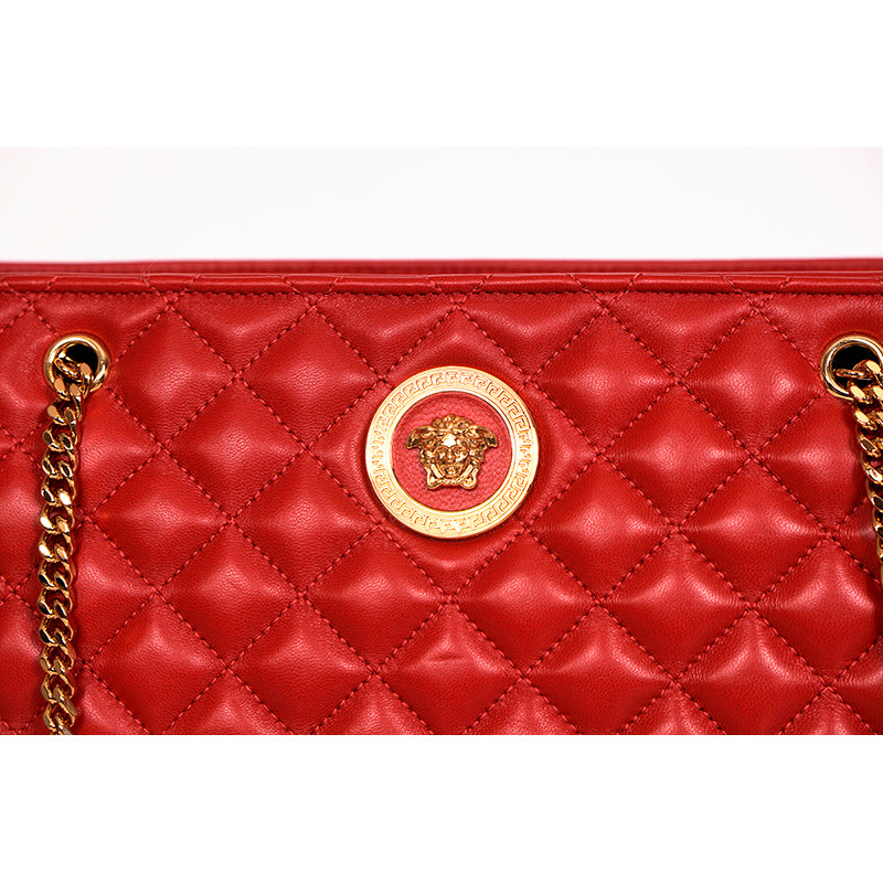 NEW $1800 VERSACE TRIBUTE Red Quilted Lambskin Leather GOLD MEDUSA HEAD Tote BAG