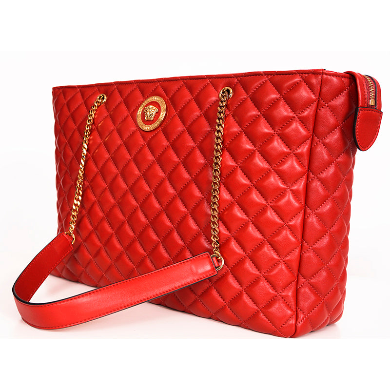 NEW $1800 VERSACE TRIBUTE Red Quilted Lambskin Leather GOLD MEDUSA HEAD Tote BAG