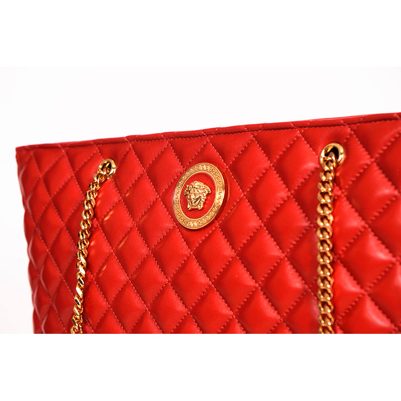 NEW $1800 VERSACE TRIBUTE Red Quilted Lambskin Leather GOLD MEDUSA HEAD Tote BAG