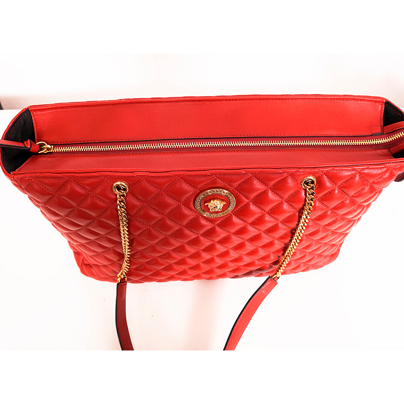 NEW $1800 VERSACE TRIBUTE Red Quilted Lambskin Leather GOLD MEDUSA HEAD Tote BAG