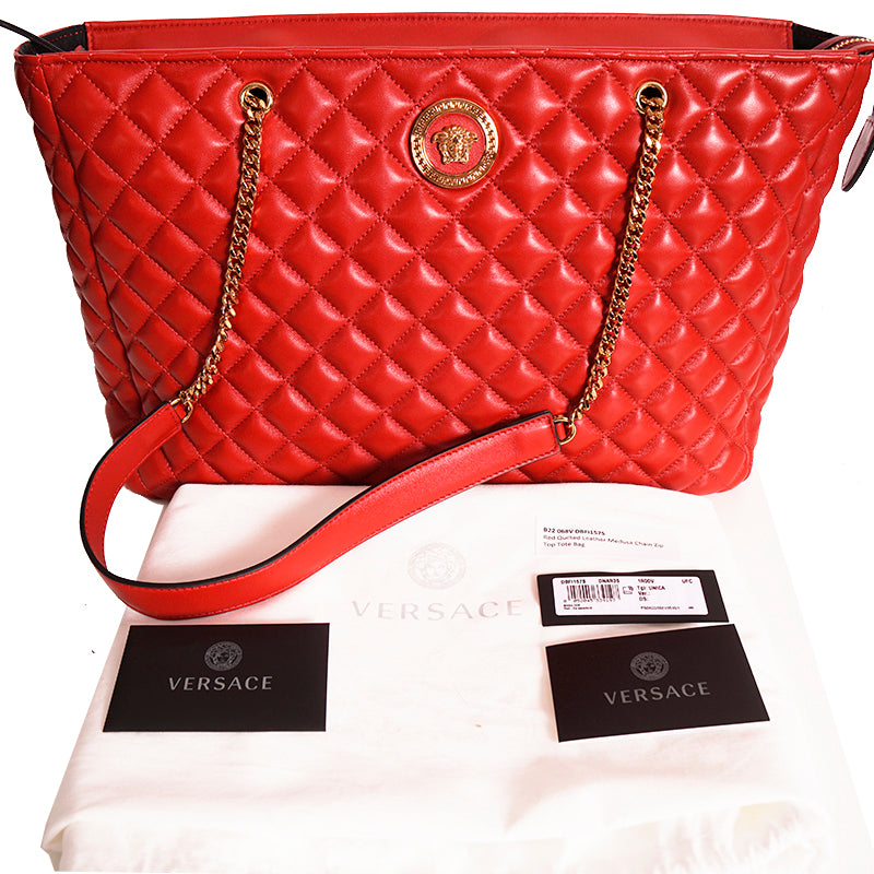 NEW $1800 VERSACE TRIBUTE Red Quilted Lambskin Leather GOLD MEDUSA HEAD Tote BAG