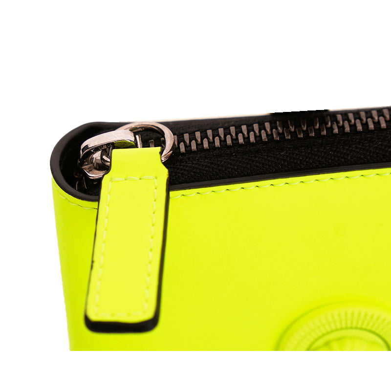 NEW $625 VERSACE Fluorescent NEON Yellow Rubber MEDUSA BIGGIE Bifold ZIP WALLET