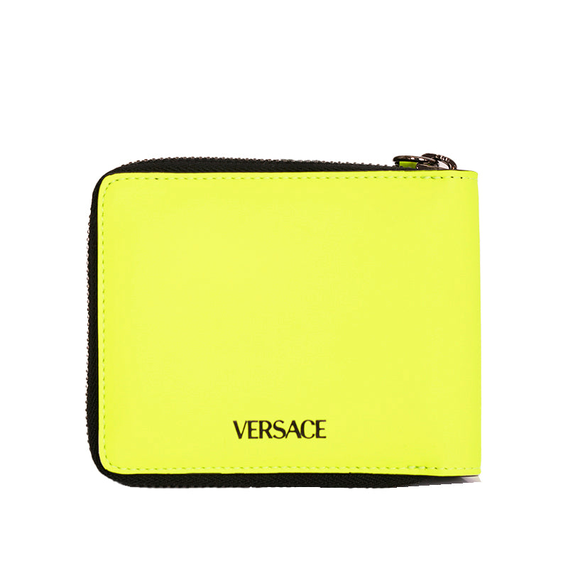 NEW $625 VERSACE Fluorescent NEON Yellow Rubber MEDUSA BIGGIE Bifold ZIP WALLET