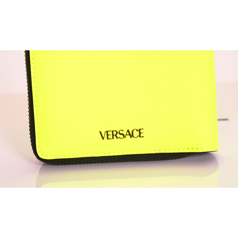NEW $625 VERSACE Fluorescent NEON Yellow Rubber MEDUSA BIGGIE Bifold ZIP WALLET