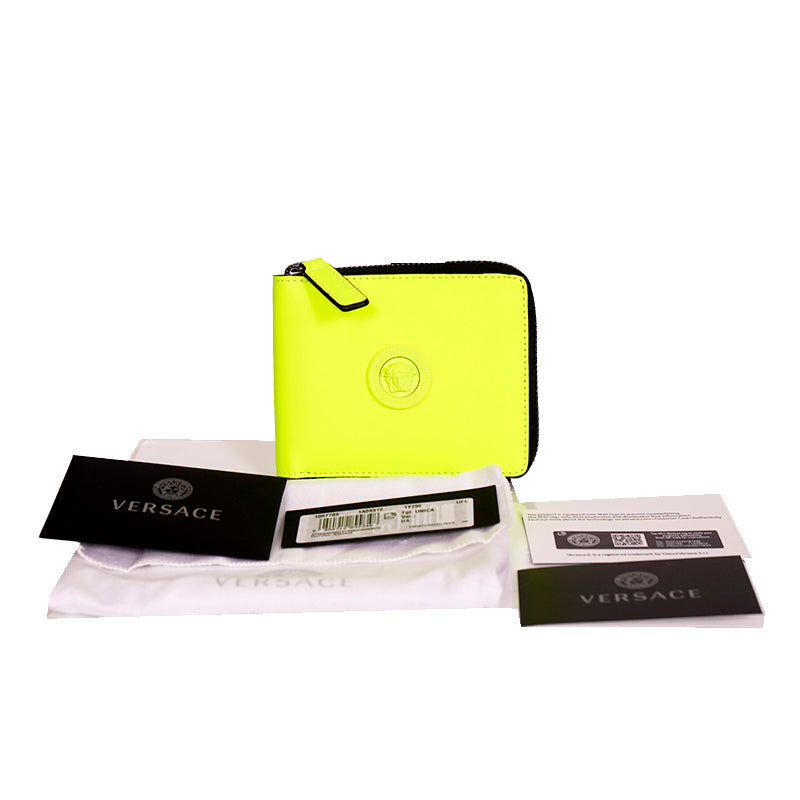 NEW $625 VERSACE Fluorescent NEON Yellow Rubber MEDUSA BIGGIE Bifold ZIP WALLET