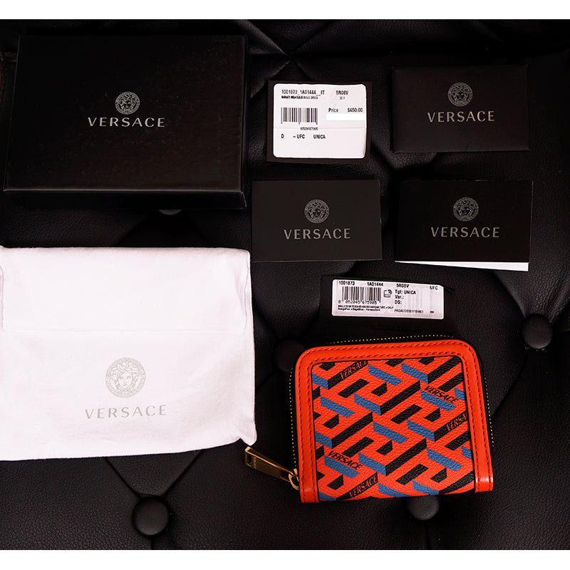 NEW $450 VERSACE RUNWAY Red Coated Canvas LA GRECA MODULAR Compact ZIP WALLET