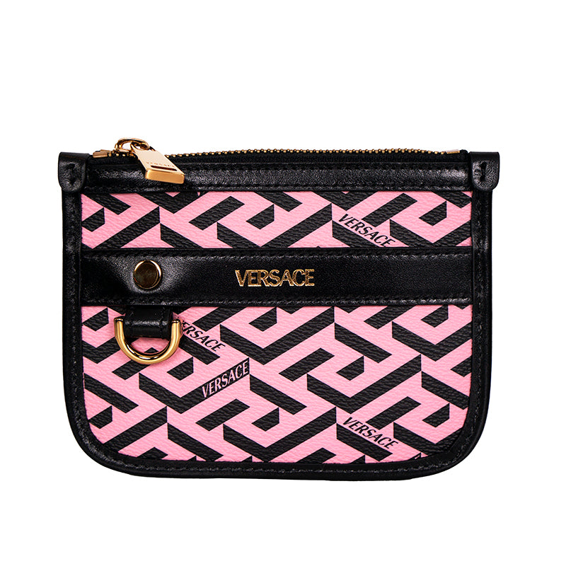 NEW $250 VERSACE Pink Coated Canvas LA GRECA Coin Purse MODULAR POUCH Travel BAG