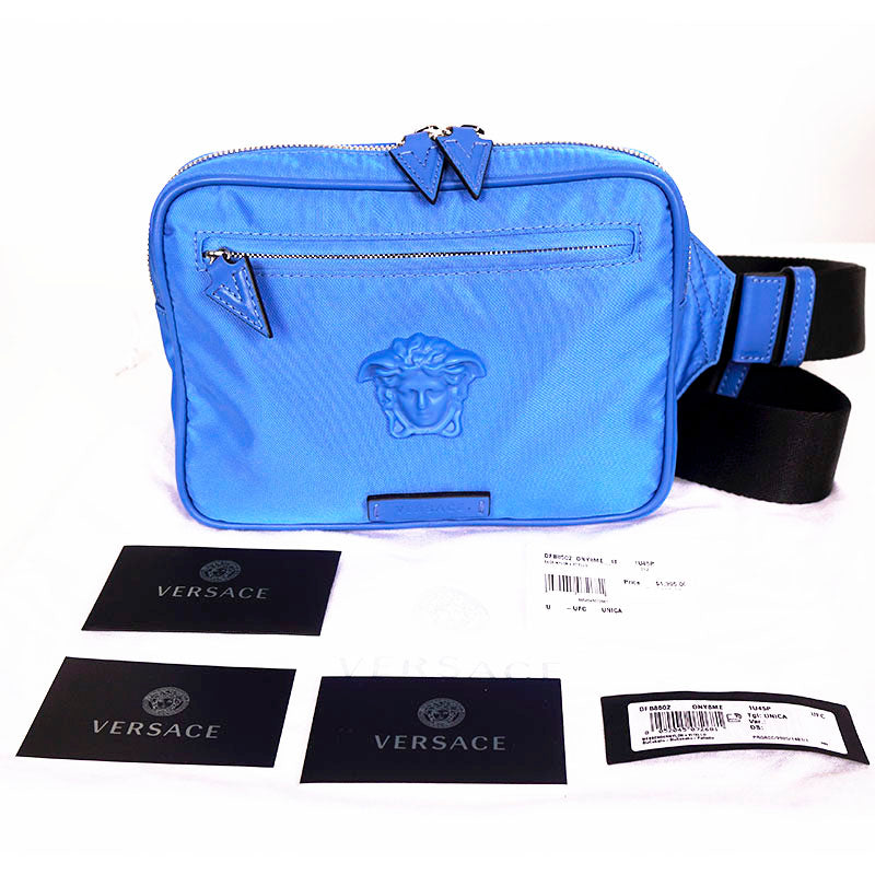 NEW $925 VERSACE Men's RUNWAY Blue Nylon LA MEDUSA LOGO Sling SMALL BELT BAG