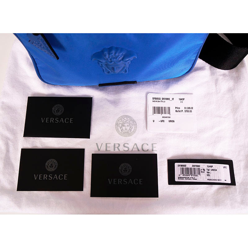 NEW $925 VERSACE Men's RUNWAY Blue Nylon LA MEDUSA LOGO Sling SMALL BELT BAG