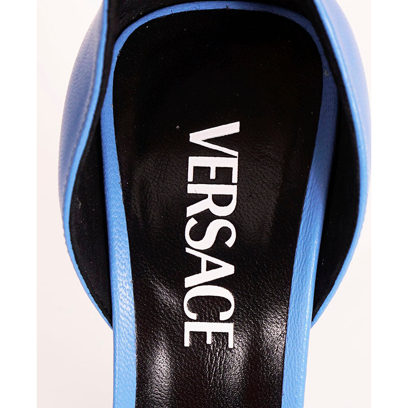 36.5, 37 & 39 NEW $1,450 VERSACE Blue Leather MEDUSA CHARM High Heel Chunky CHAIN SANDALS