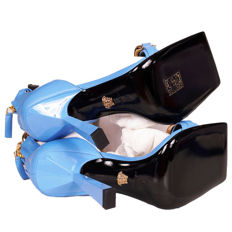 36.5, 37 & 39 NEW $1,450 VERSACE Blue Leather MEDUSA CHARM High Heel Chunky CHAIN SANDALS