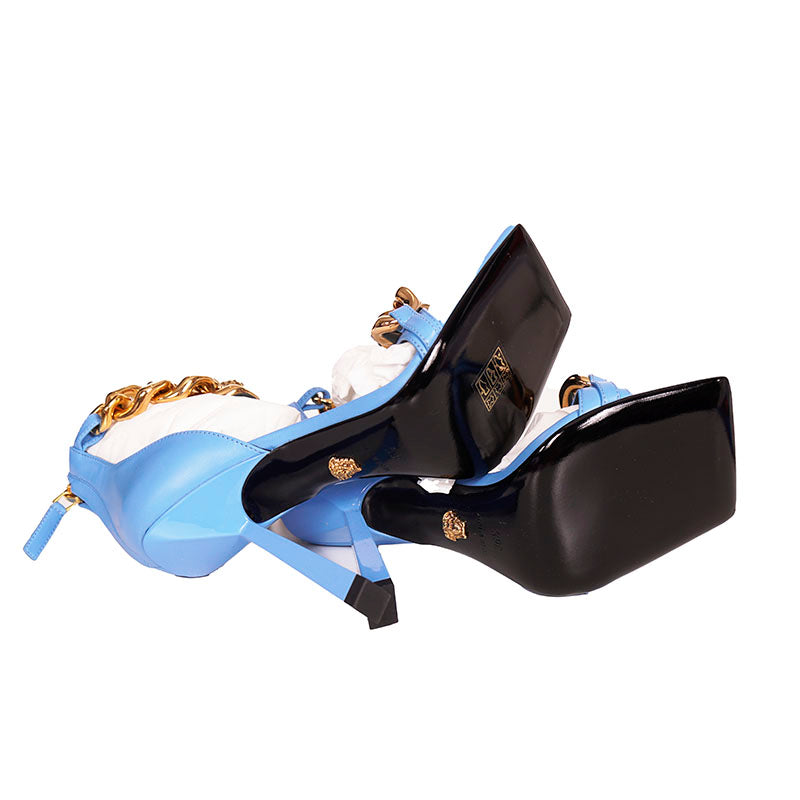 36.5, 37 & 39 NEW $1,450 VERSACE Blue Leather MEDUSA CHARM High Heel Chunky CHAIN SANDALS