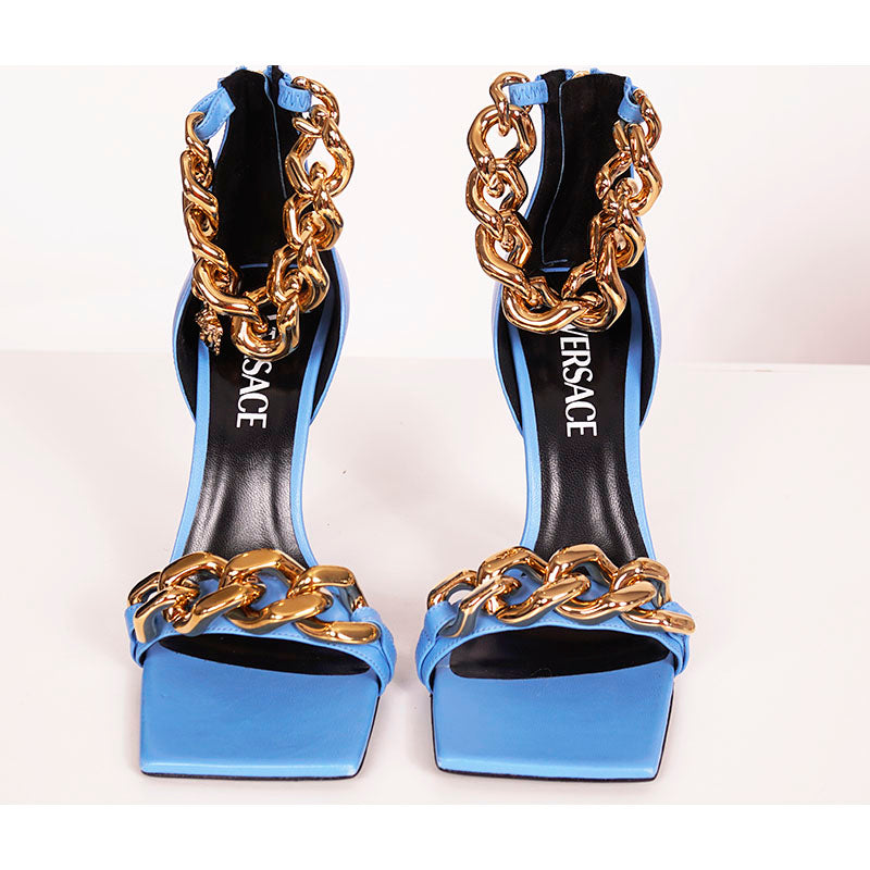 36.5, 37 & 39 NEW $1,450 VERSACE Blue Leather MEDUSA CHARM High Heel Chunky CHAIN SANDALS