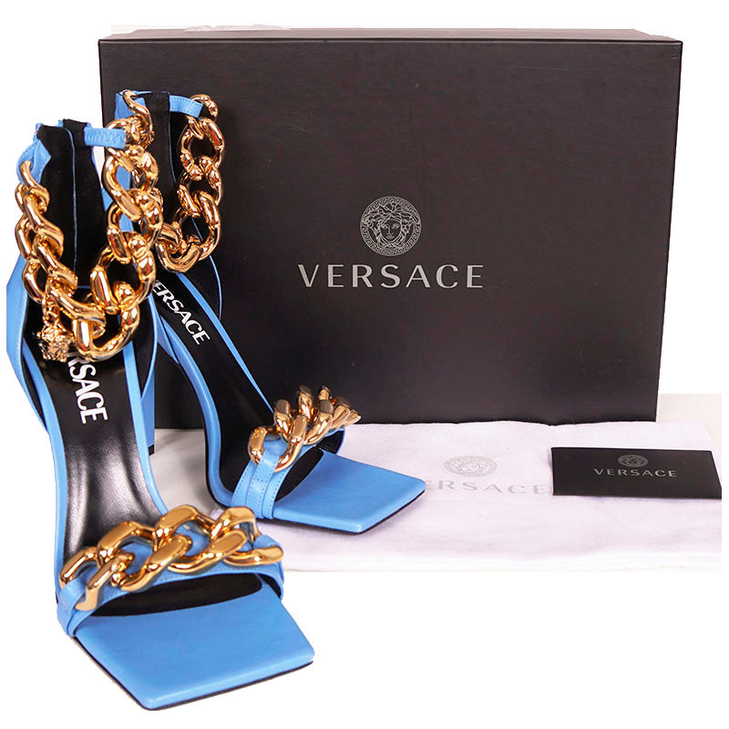36.5, 37 & 39 NEW $1,450 VERSACE Blue Leather MEDUSA CHARM High Heel Chunky CHAIN SANDALS