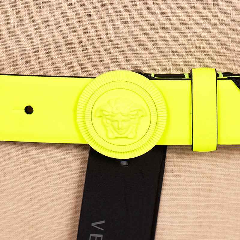 sz 95/38, 100/40 & 105/42 NEW $525 VERSACE Neon Yellow BIGGIE MEDUSA LOGO BUCKLE Leather BELT