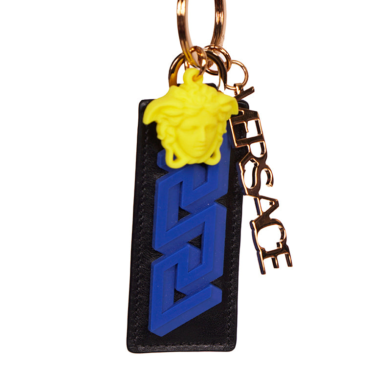 NEW $425 VERSACE Black Leather w/ Blue Rubber LA GRECA MEDUSA Key Ring Keychain
