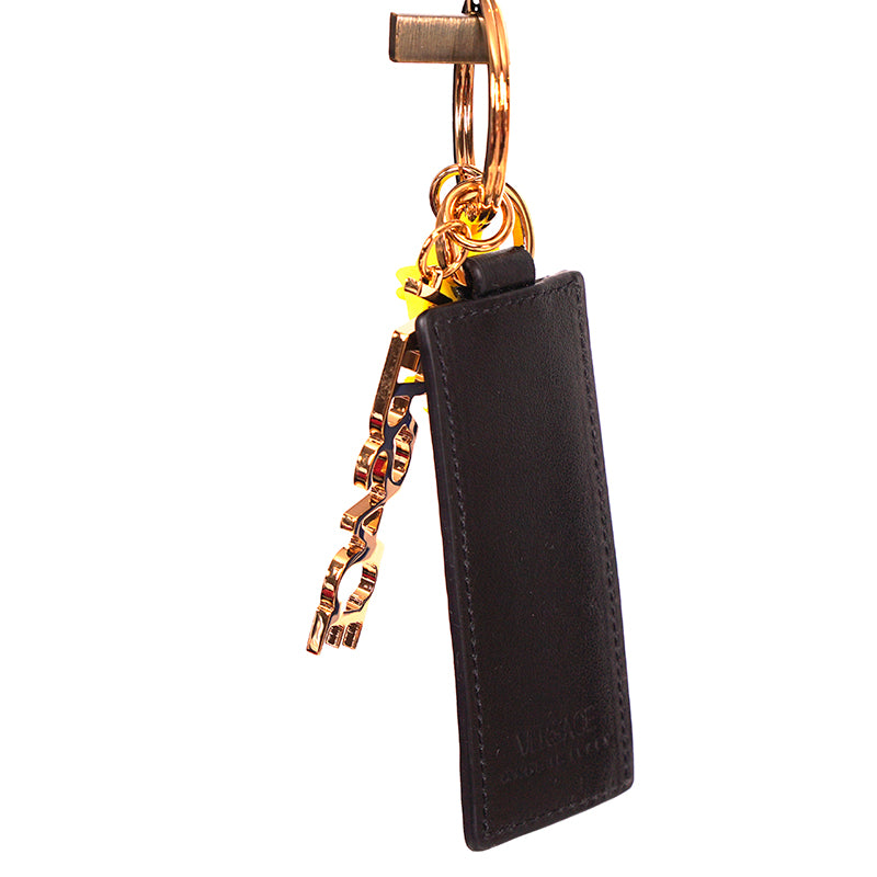 NEW $425 VERSACE Black Leather w/ Blue Rubber LA GRECA MEDUSA Key Ring Keychain