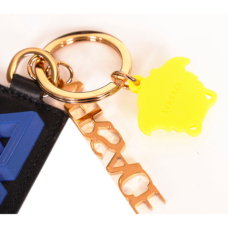 NEW $425 VERSACE Black Leather w/ Blue Rubber LA GRECA MEDUSA Key Ring Keychain