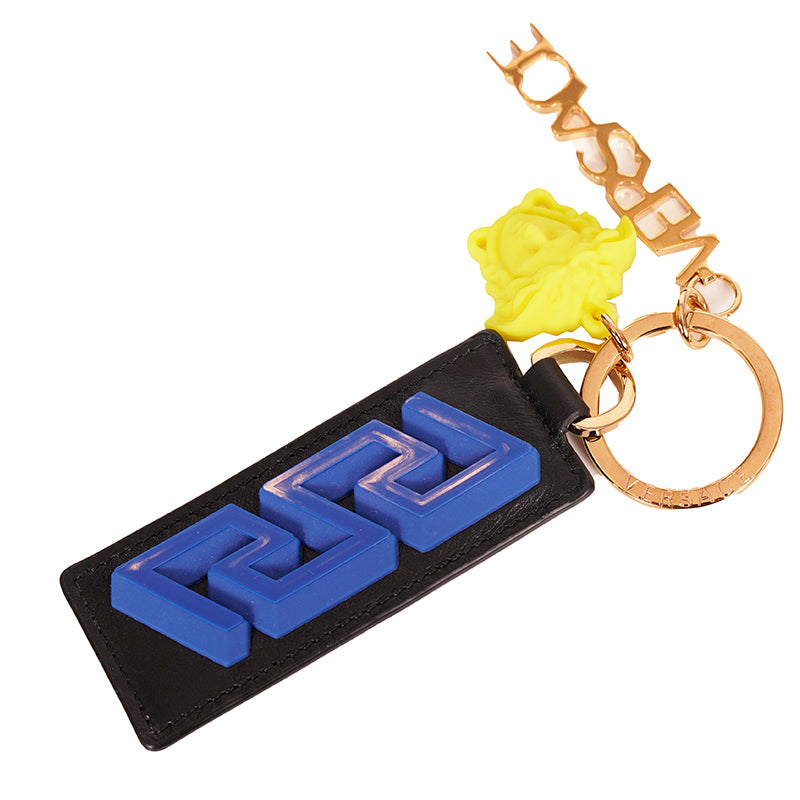 NEW $425 VERSACE Black Leather w/ Blue Rubber LA GRECA MEDUSA Key Ring Keychain