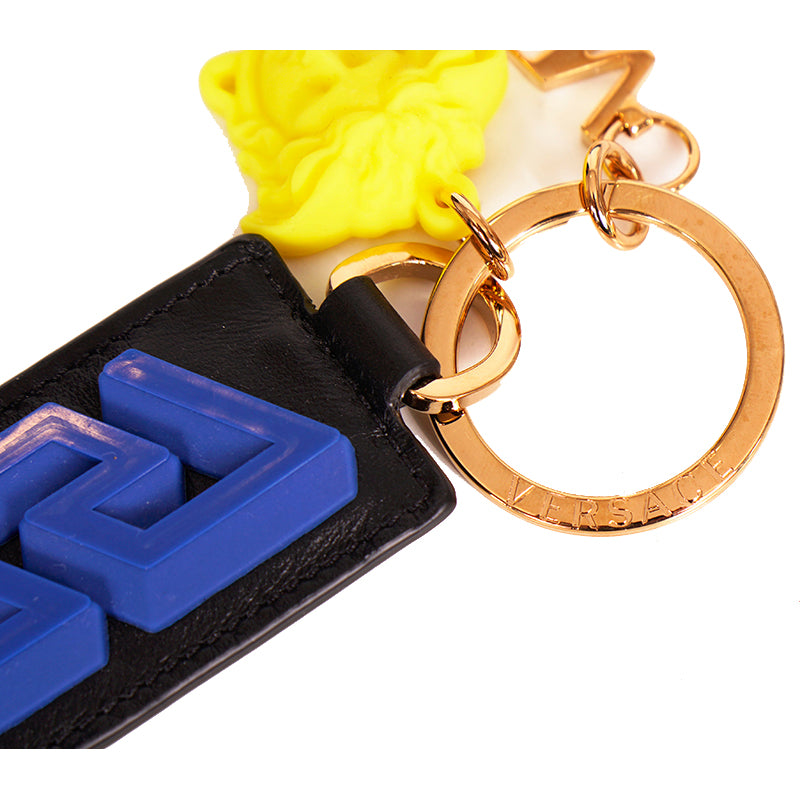 NEW $425 VERSACE Black Leather w/ Blue Rubber LA GRECA MEDUSA Key Ring Keychain