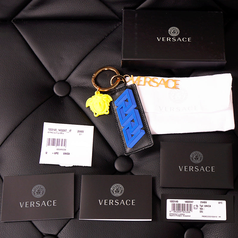 NEW $425 VERSACE Black Leather w/ Blue Rubber LA GRECA MEDUSA Key Ring Keychain