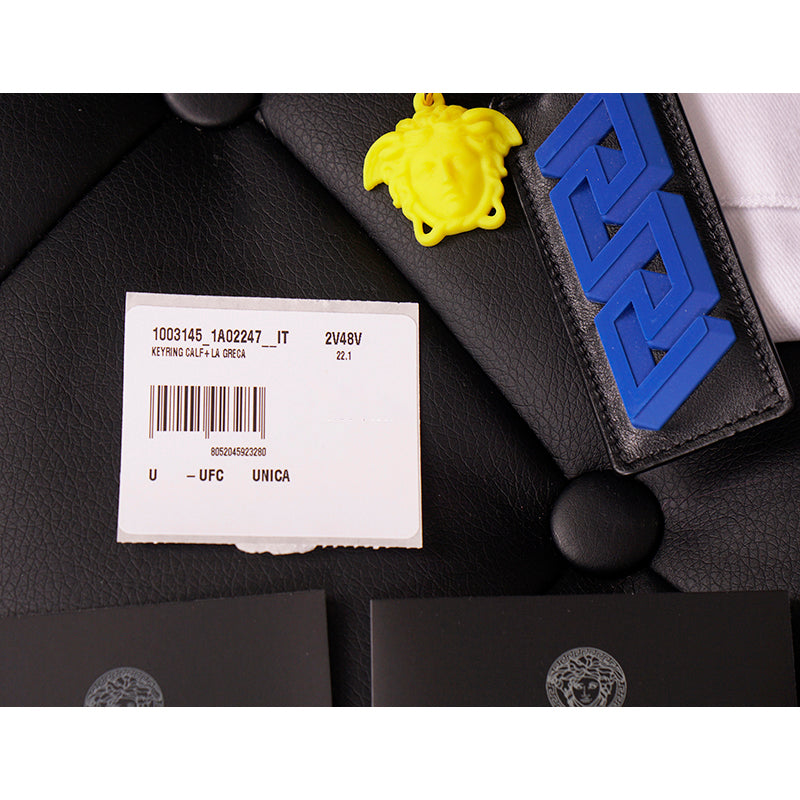 NEW $425 VERSACE Black Leather w/ Blue Rubber LA GRECA MEDUSA Key Ring Keychain