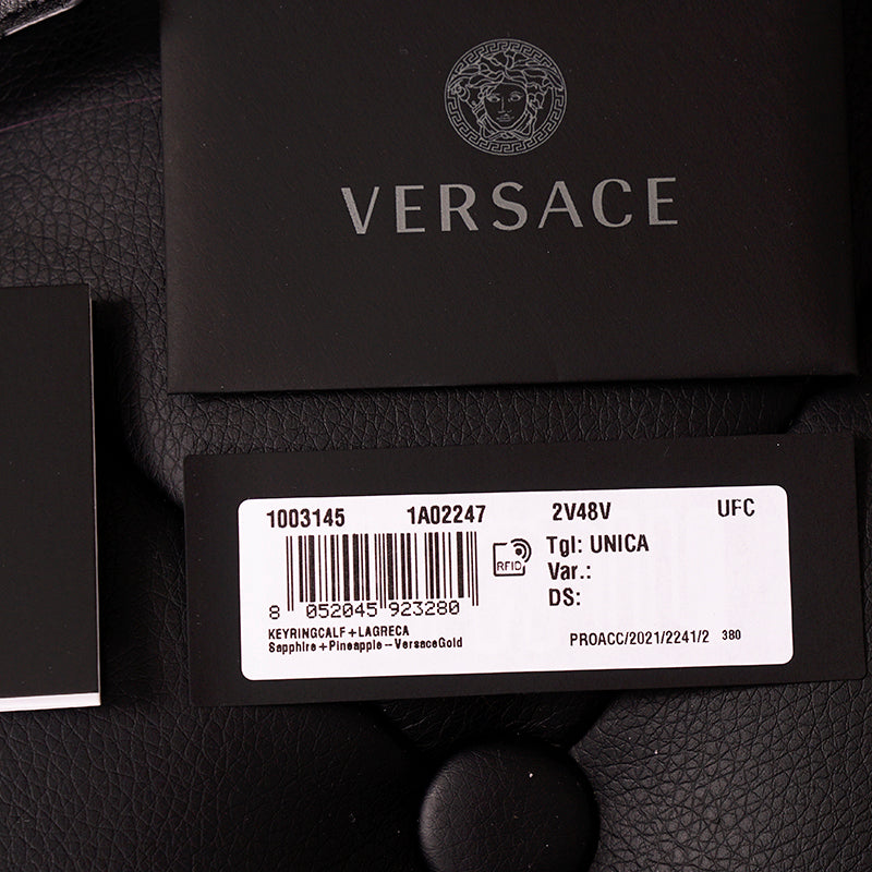 NEW $425 VERSACE Black Leather w/ Blue Rubber LA GRECA MEDUSA Key Ring Keychain