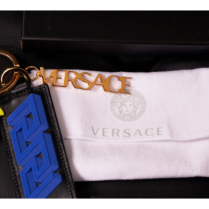 NEW $425 VERSACE Black Leather w/ Blue Rubber LA GRECA MEDUSA Key Ring Keychain