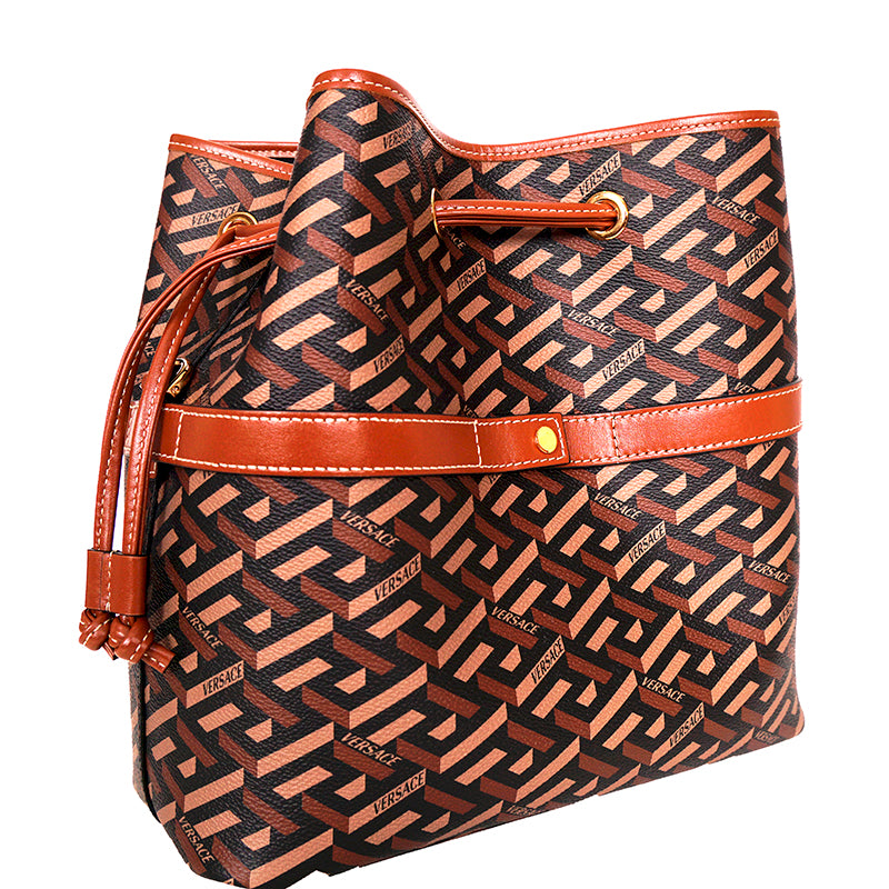 NEW $1275 VERSACE RUNWAY Caramel LA GRECA Drawstring Bucket LARGE CROSSBODY BAG