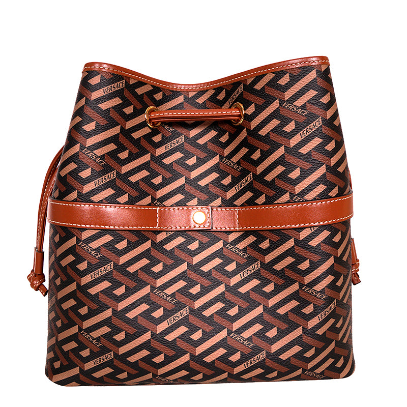 NEW $1275 VERSACE RUNWAY Caramel LA GRECA Drawstring Bucket LARGE CROSSBODY BAG