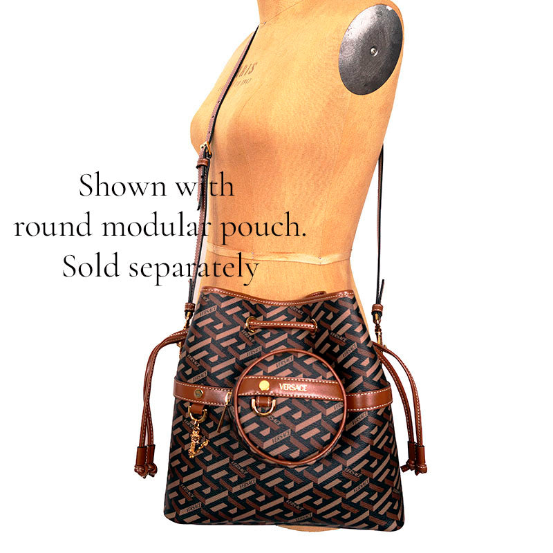 NEW $1275 VERSACE RUNWAY Caramel LA GRECA Drawstring Bucket LARGE CROSSBODY BAG
