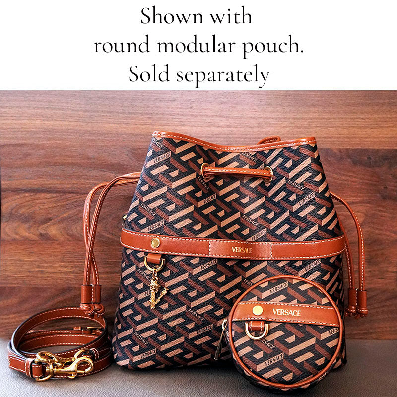NEW $1275 VERSACE RUNWAY Caramel LA GRECA Drawstring Bucket LARGE CROSSBODY BAG