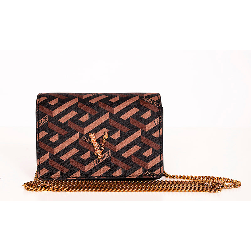 NEW $725 VERSACE Black Caramel LA GRECA VIRTUS V Wallet Chain MICRO MINI BAG WOC