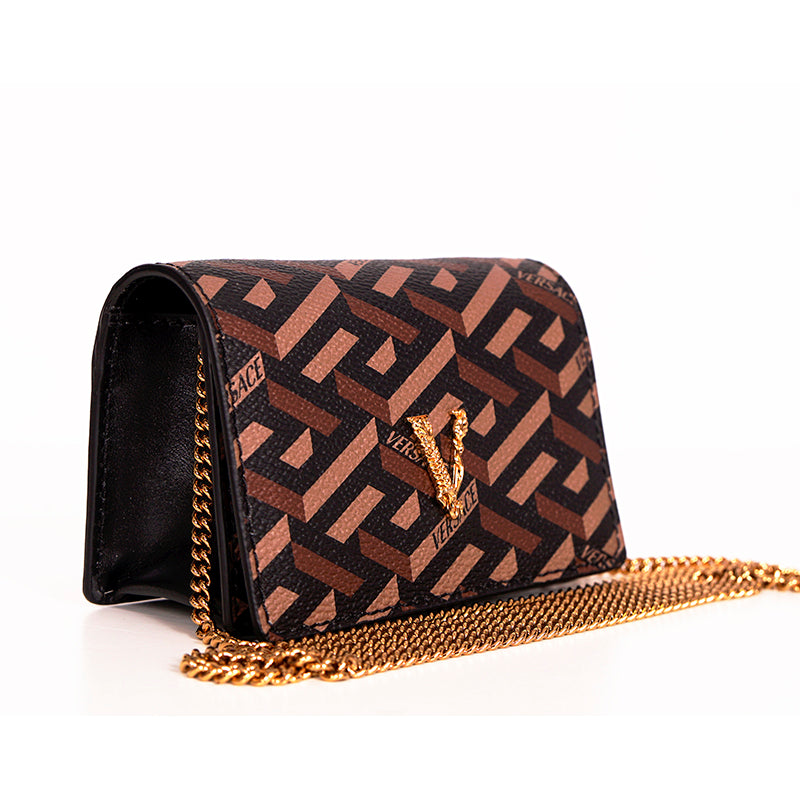 NEW $725 VERSACE Black Caramel LA GRECA VIRTUS V Wallet Chain MICRO MINI BAG WOC