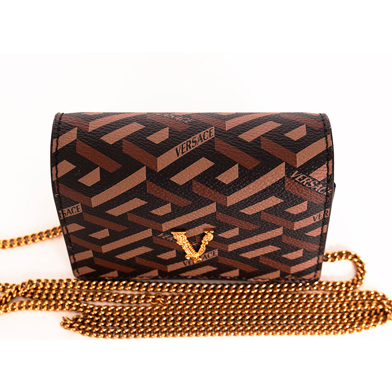 NEW $725 VERSACE Black Caramel LA GRECA VIRTUS V Wallet Chain MICRO MINI BAG WOC