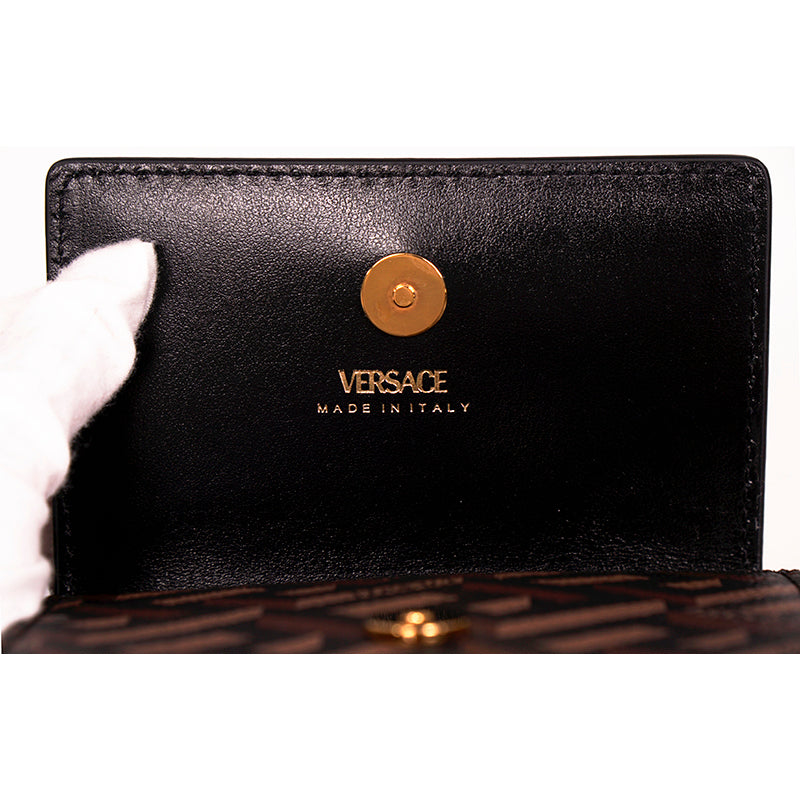 NEW $725 VERSACE Black Caramel LA GRECA VIRTUS V Wallet Chain MICRO MINI BAG WOC