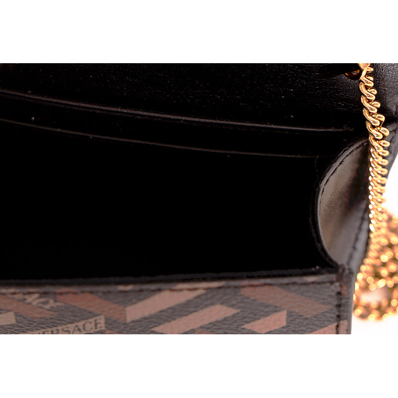 NEW $725 VERSACE Black Caramel LA GRECA VIRTUS V Wallet Chain MICRO MINI BAG WOC