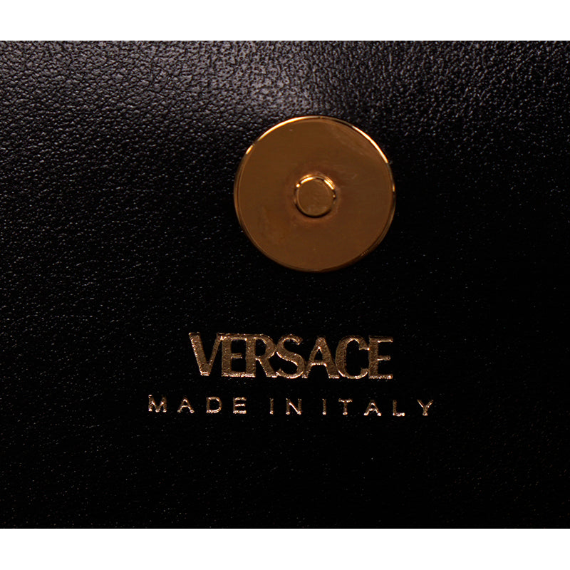 NEW $725 VERSACE Black Caramel LA GRECA VIRTUS V Wallet Chain MICRO MINI BAG WOC