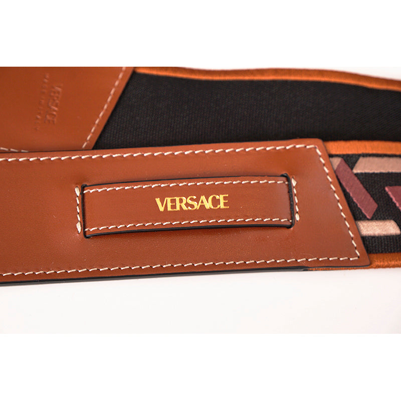 NEW $425 VERSACE RUNWAY Cognac Nylon Leather LOGO LA GRECA Embroidered BAG STRAP