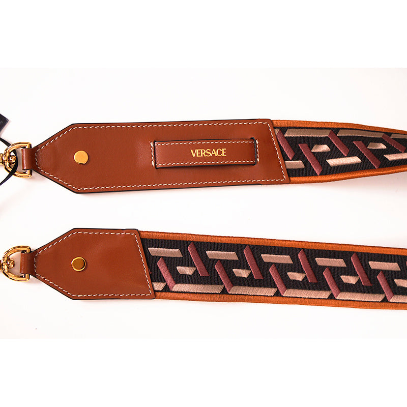 NEW $425 VERSACE RUNWAY Cognac Nylon Leather LOGO LA GRECA Embroidered BAG STRAP